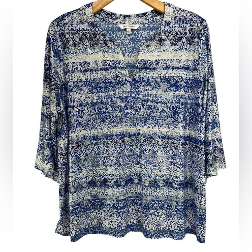 Emily Daniels Blue White Silver 3/4 Sleeve Blouse Womens 1X